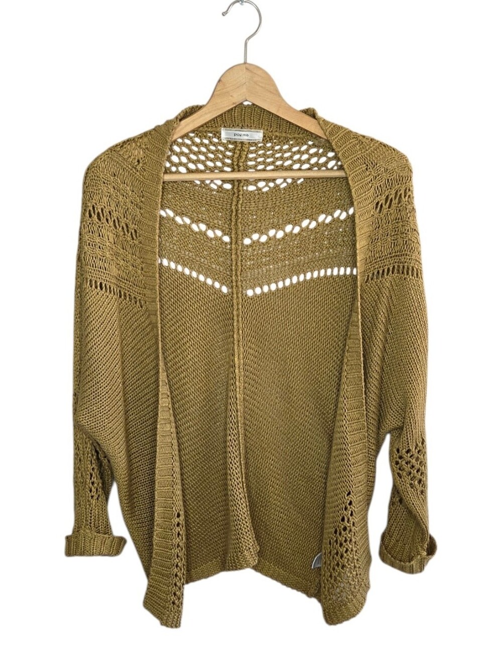 Poema Mustard Tan Open Knit Open Front Cardigan Sweater Casual Cozy Boho